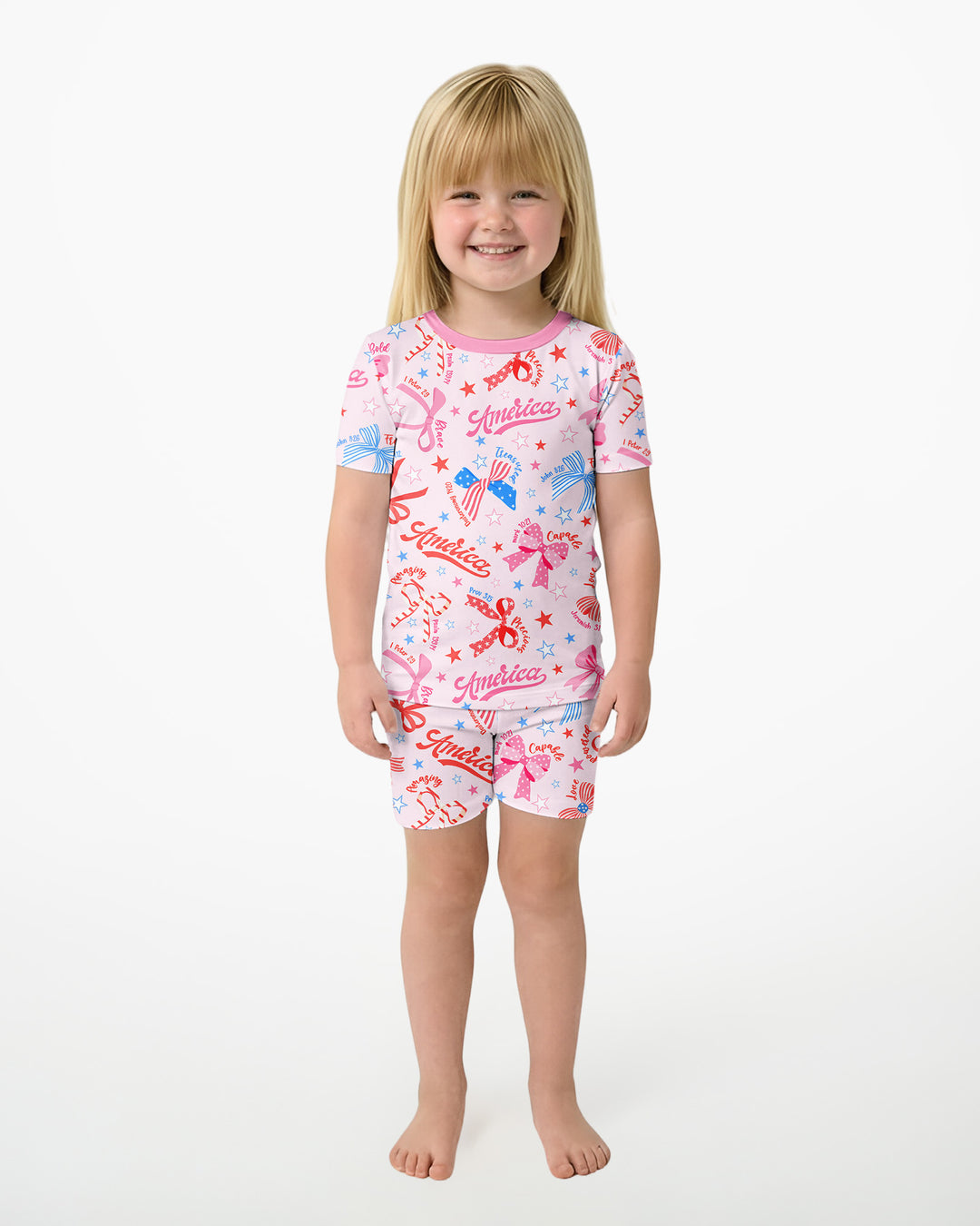 Pink Girly Patriotic  Bamboo Two Piece Short Sleeve Shorts Pajama Set