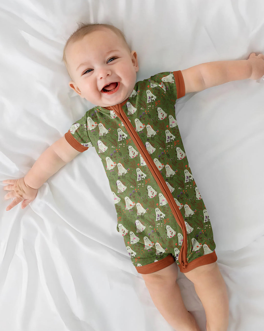Cute Ghost Halloween Moss Green Floral Bamboo Shorty Zippy