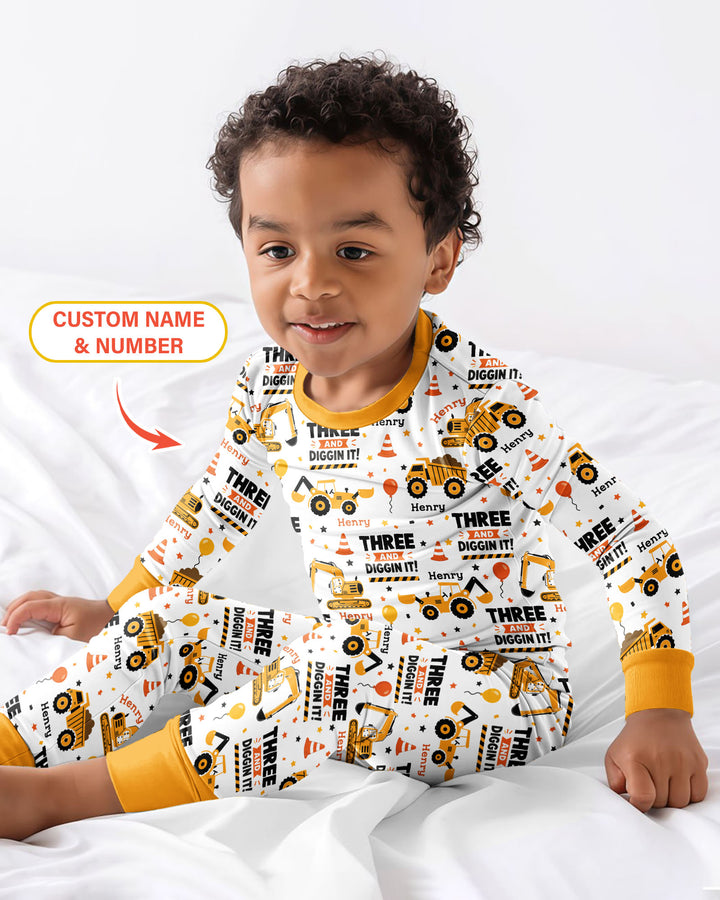 Personalized Birthday Construction Truck Diggin It Bamboo Two Piece Long Sleeve Pajama Set