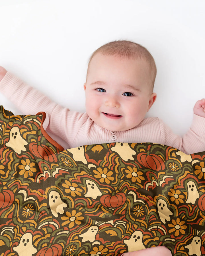 Retro Halloween Ghost Pumpkin Floral Bamboo Blanket