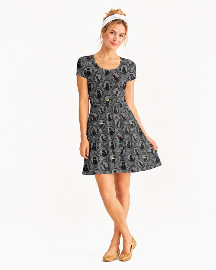 Midnight Cat Parade Bamboo Women’s Short Sleeve Twirl Dress