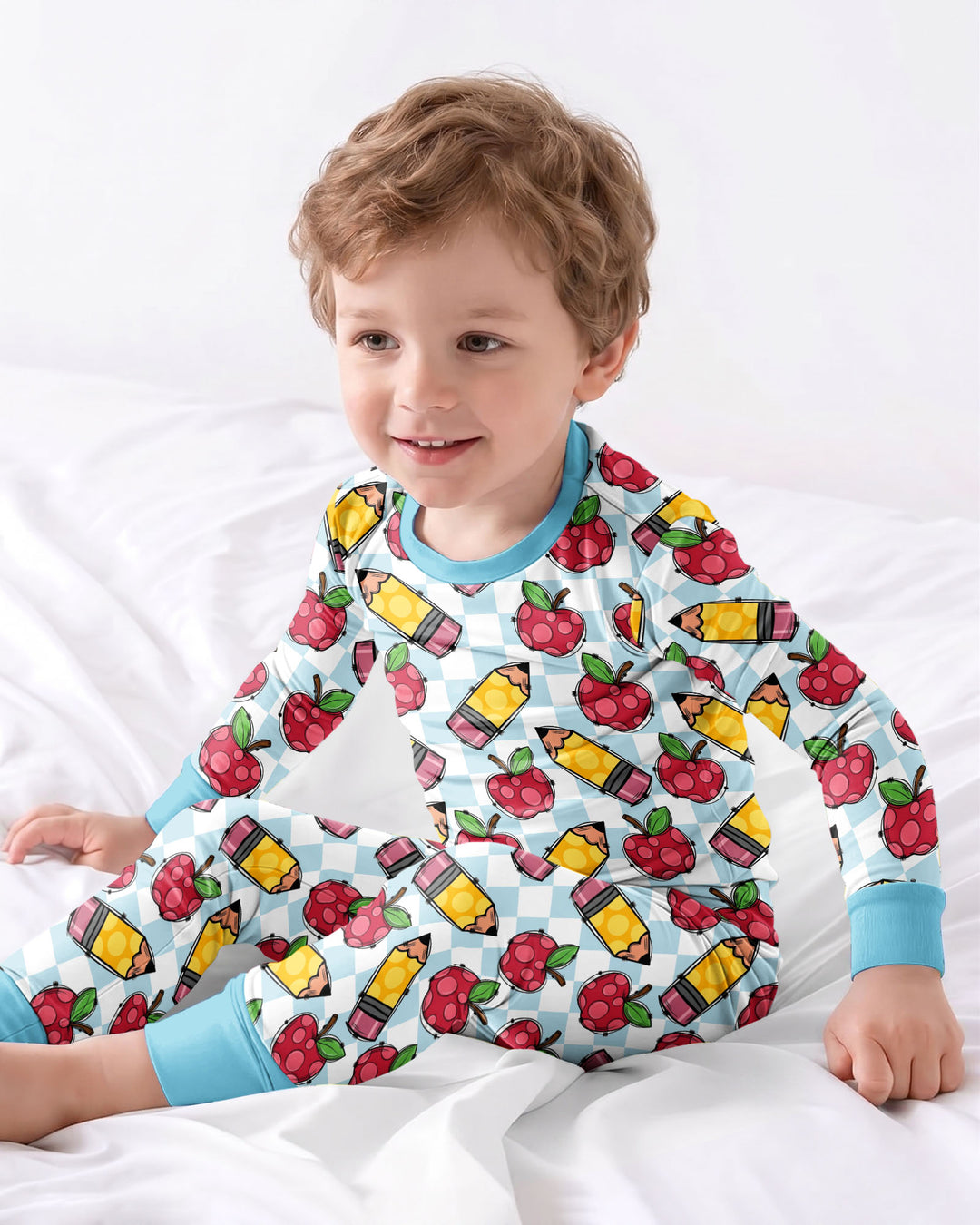Checkered Apple Scribbles Bamboo Two Piece Long Sleeve Pajama Set
