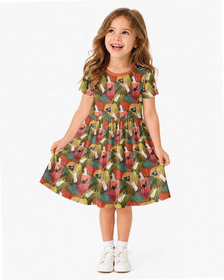 Big Pumpkin Field With Ghosts Bamboo Twirl Dress