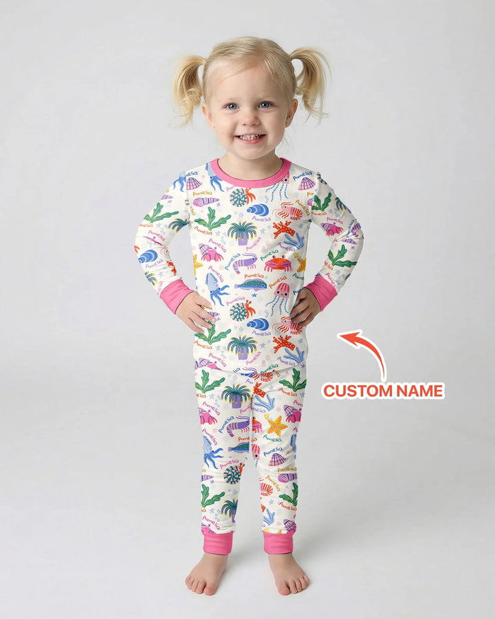 Tide Pool Pals Custom Name Bamboo Two Piece Long Sleeve Pajama Set