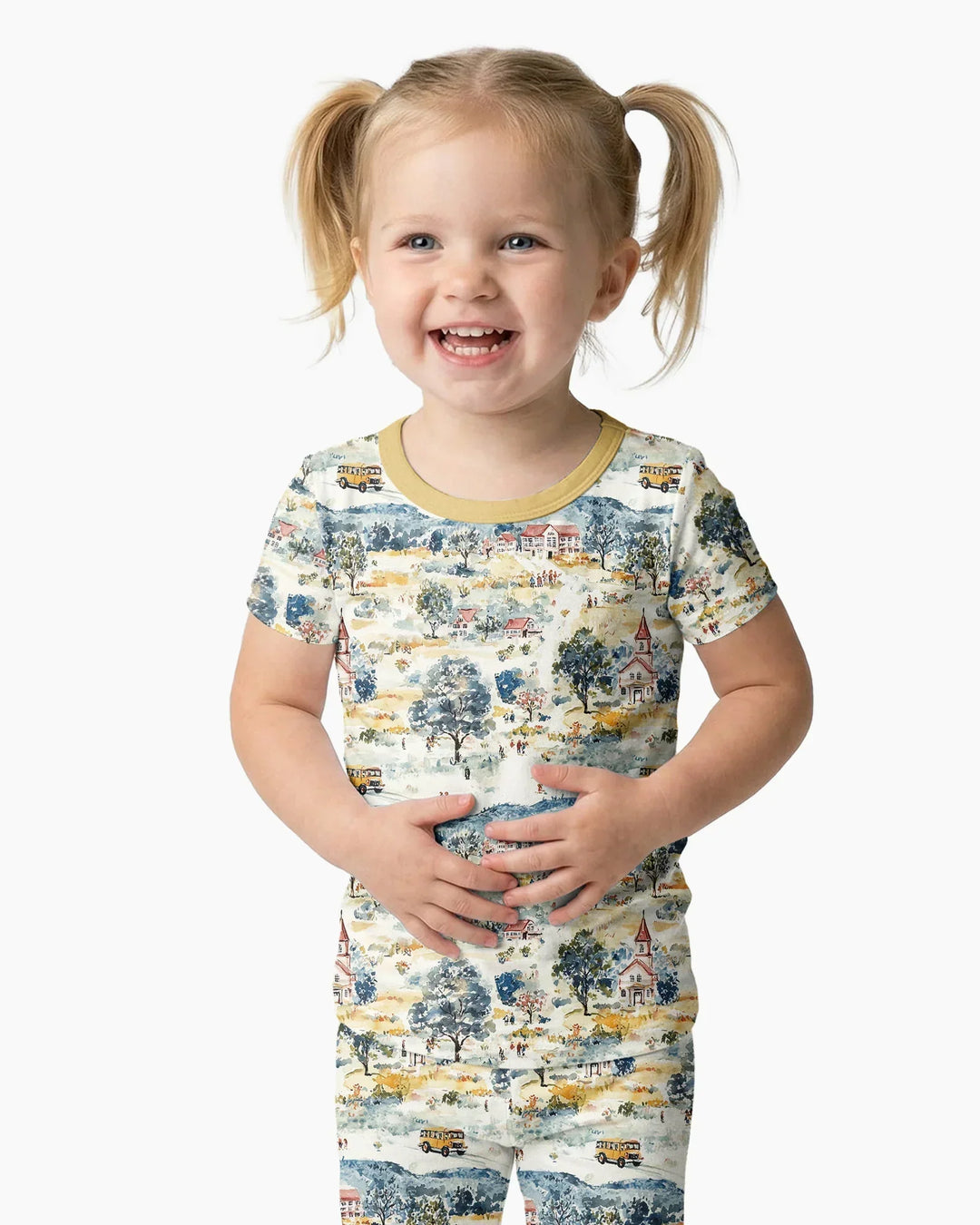 Whimsical Watercolor School Village Bamboo Two Piece Short Sleeve Pajama Set