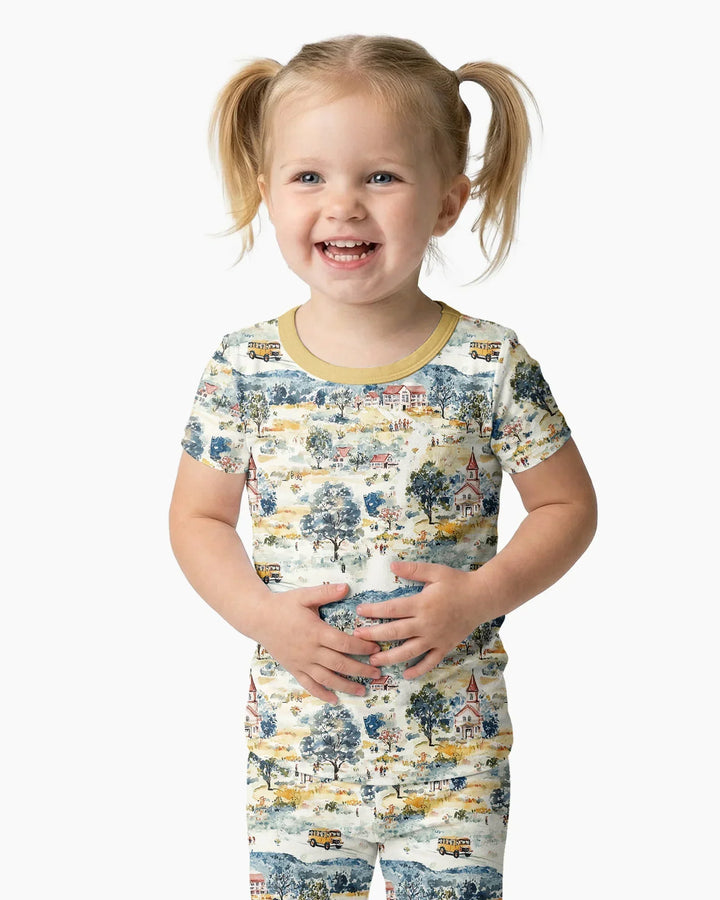 Whimsical Watercolor School Village Bamboo Two Piece Short Sleeve Pajama Set
