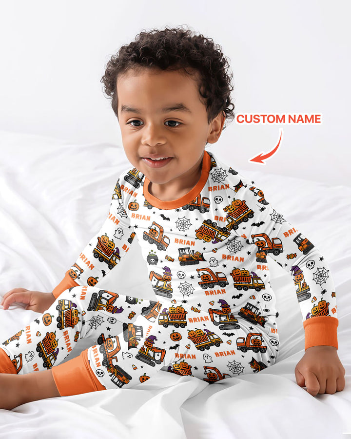 Custom Name Halloween Construction Trucks Bamboo Two Piece Long Sleeve Pajama Set