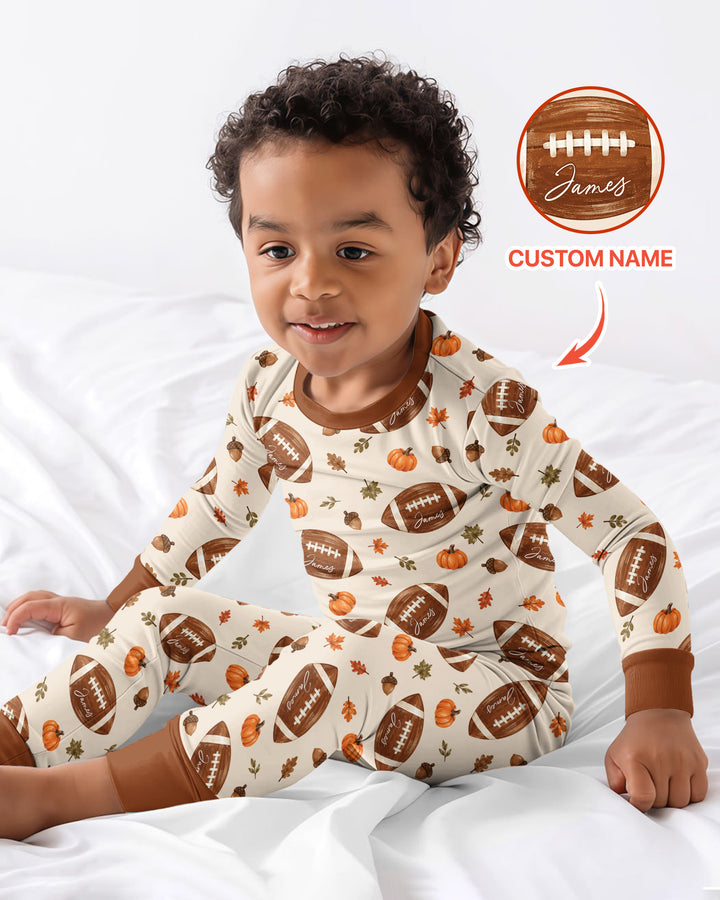 Custom Name Football Season Happy Fall Bamboo Two Piece Long Sleeve Pajama Set