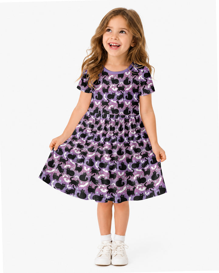 Spooky Black Cat Halloween Purple Bats Bamboo Twirl Dress