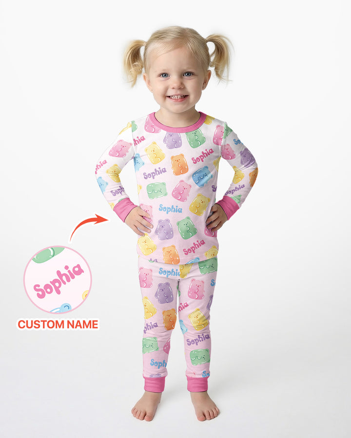 Kawaii Jelly Gummy Bears Custom Name Bamboo Two Piece Long Sleeve Pajama Set
