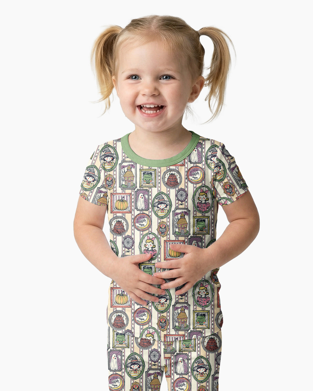 Vintage Halloween Ghost Pumpkin Portraits Bamboo Two Piece Short Sleeve Pajama Set
