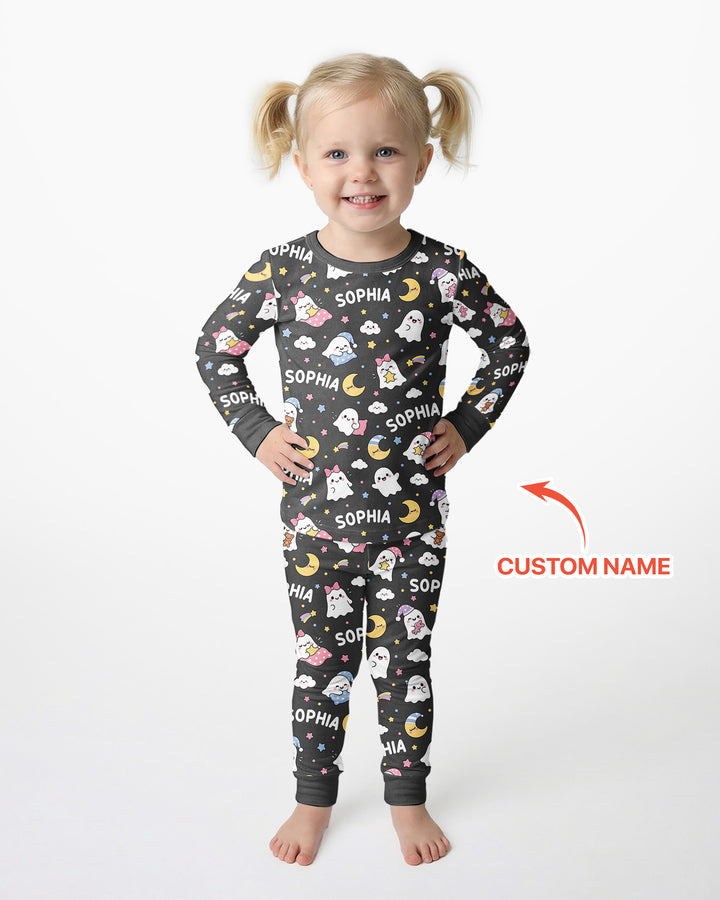 Sweet Dreams Cute Ghost Custom Name Bamboo Two Piece Long Sleeve Pajama Set