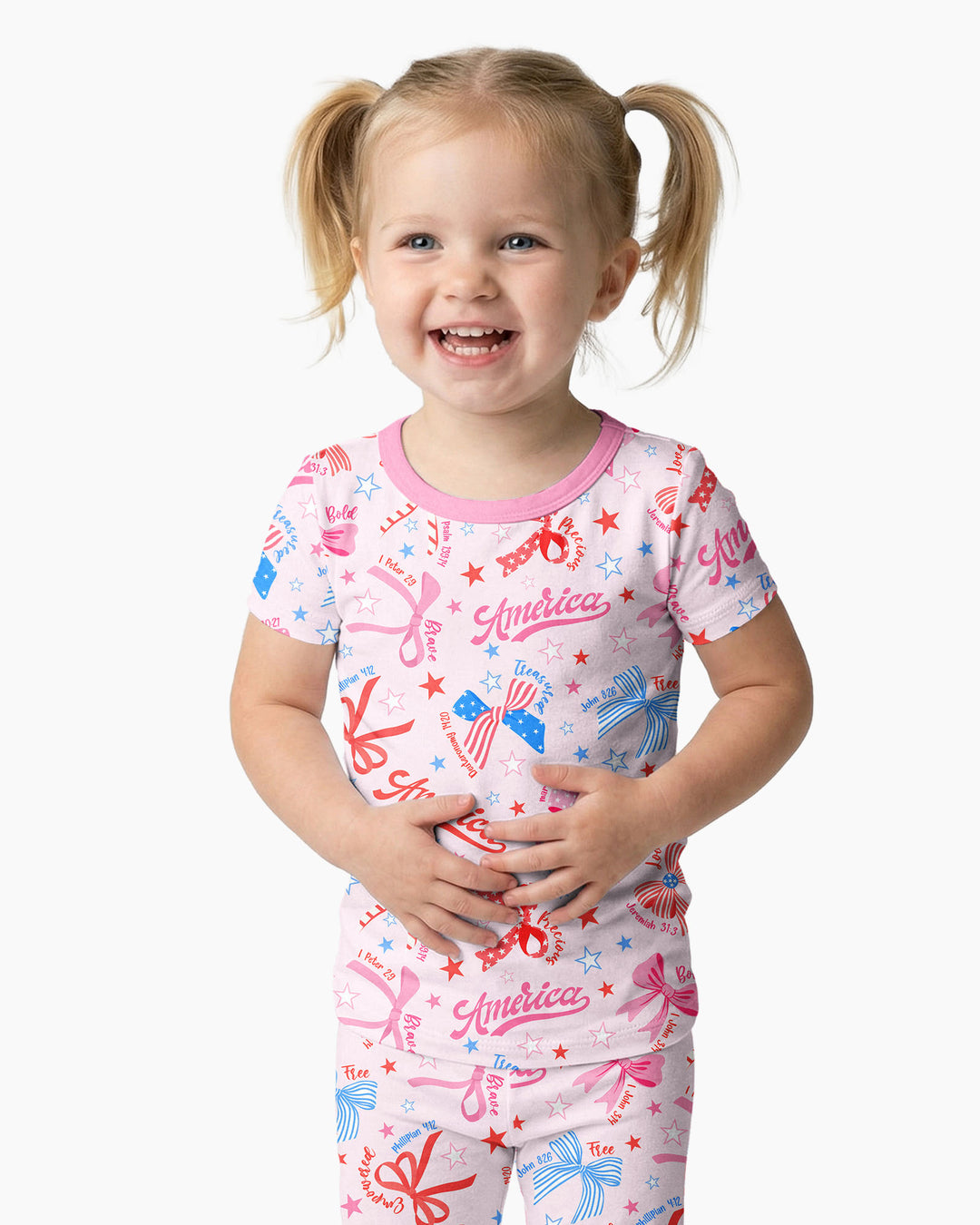 Pink Girly Patriotic Bamboo Two Piece Short Sleeve Pajama Set