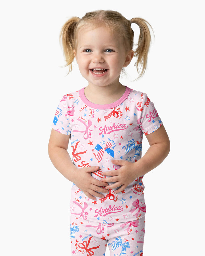 Pink Girly Patriotic Bamboo Two Piece Short Sleeve Pajama Set