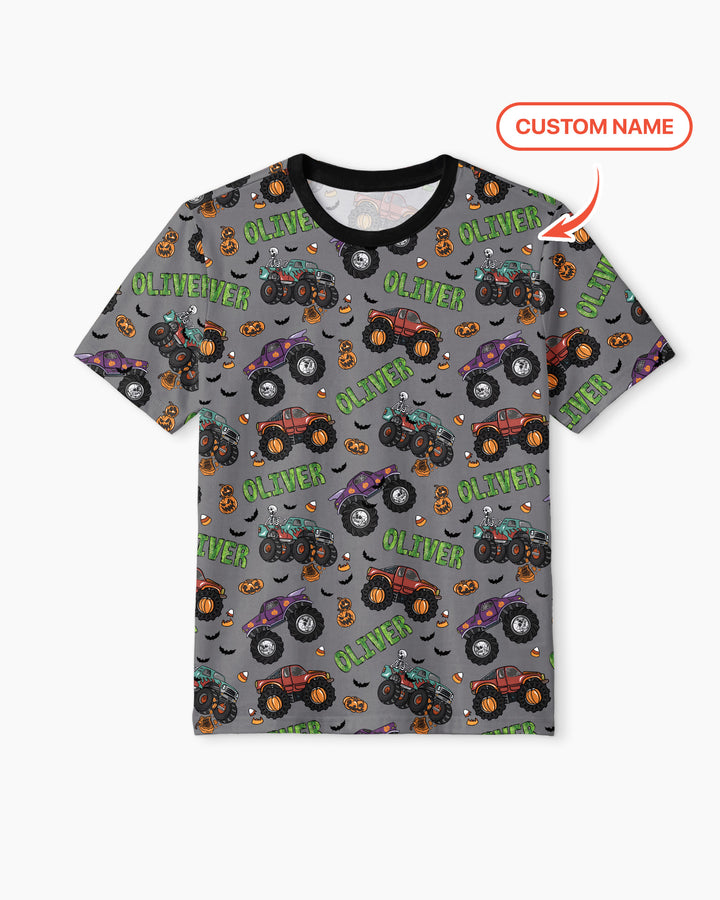 Custom Name Haunted Monster Trucks  Bamboo Men Short Sleeve Short Pajama Set
