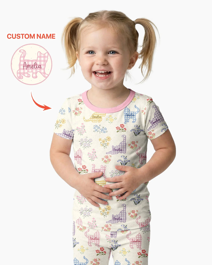 Gingham Cats Custom Name Bamboo Two Piece Short Sleeve Pajama Set
