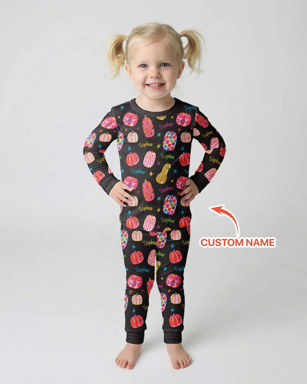 Custom Name Colorful Pumpkin Bamboo Two Piece Long Sleeve Pajama Set