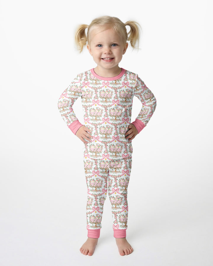 Cute Bow Hanukkah Menorah Bamboo Two Piece Long Sleeve Pajama Set