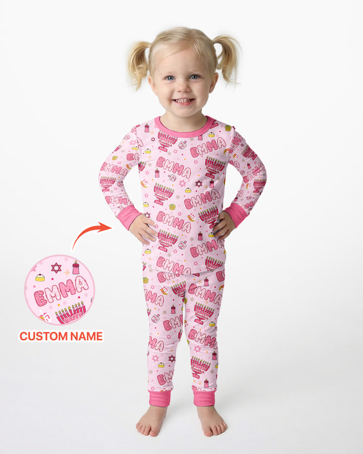 Custom name Happy Hanukkah 2026 Bamboo Two Piece Long Sleeve Pajama Set