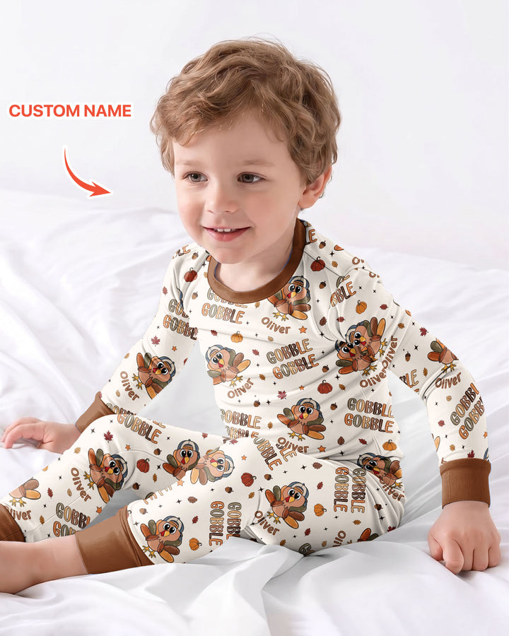 Custom Name Gobble Gobble Bamboo Two Piece Long Sleeve Pajama Set