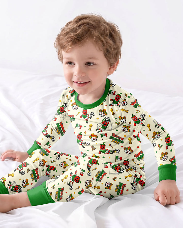 Cartoon World Soccer Vamos Mexico Family Matching Bamboo Two Piece Long Sleeve Pajama Set