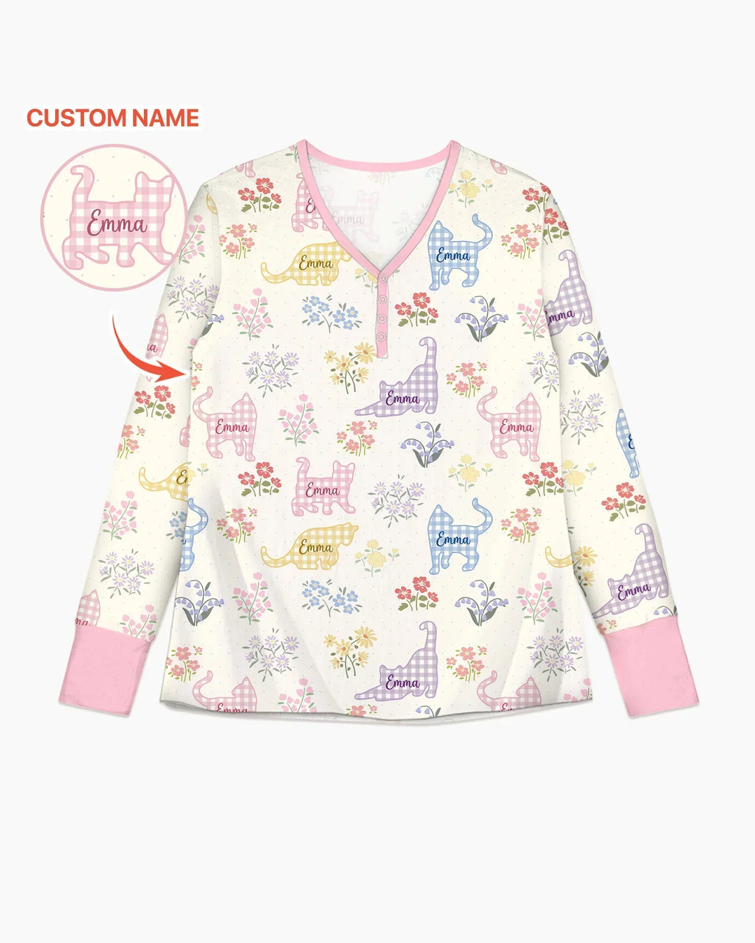 Gingham Cats Custom Name Bamboo Women Pajama Set