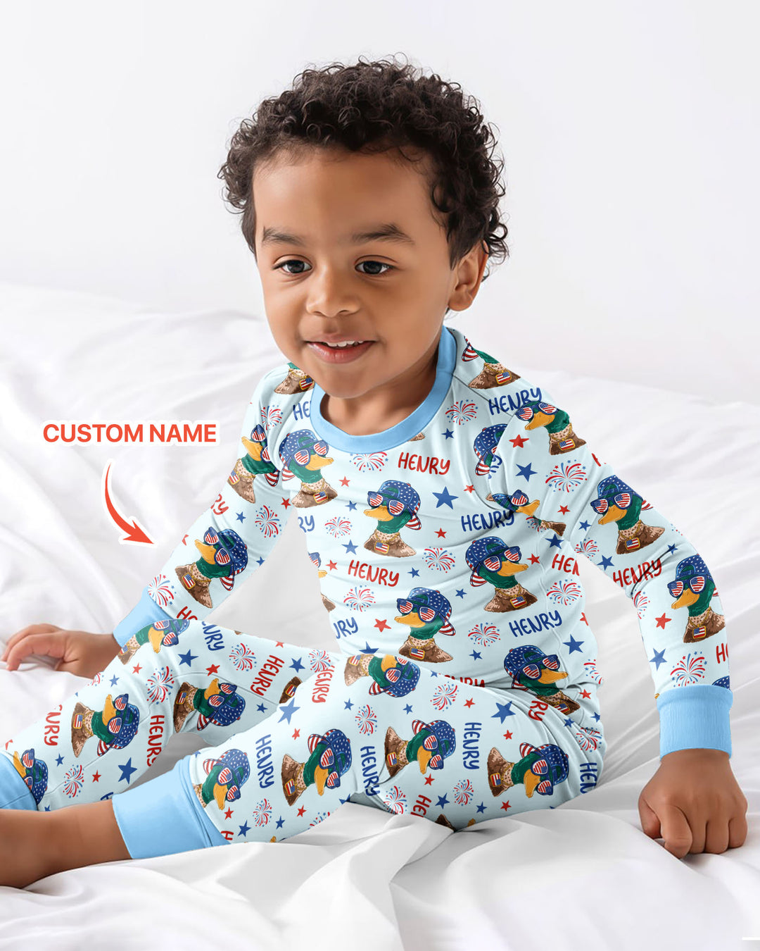 Custom Name Patriotic Mallard Duck Bamboo Two Piece Long Sleeve Pajama Set