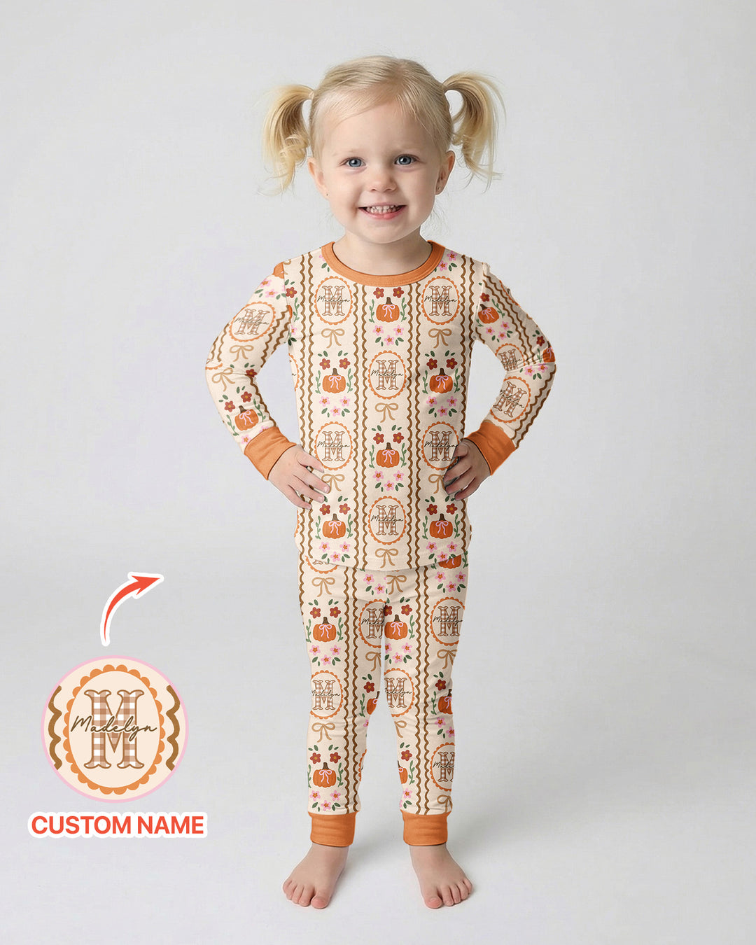 Custom Name Pumpkin Cottage Bamboo Two Piece Long Sleeve Pajama Set