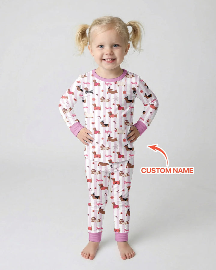 Custom Name Boo Crew Halloween Dachshund  Bamboo Two Piece Long Sleeve Pajama Set
