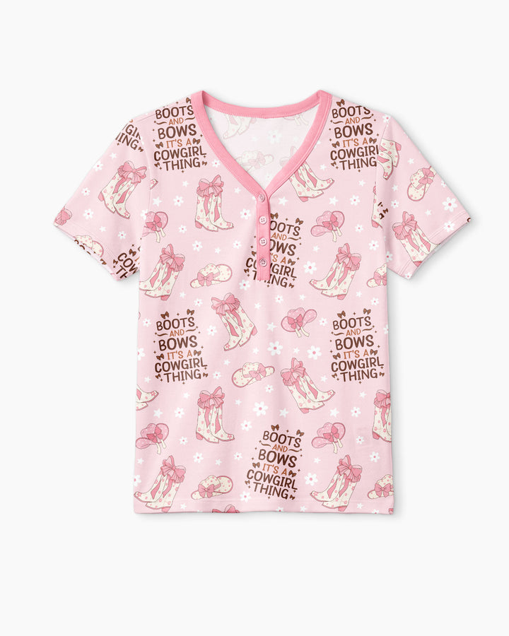 Western Cowgirl Boots And Bows Bamboo Women Short Sleeve Short Pajama Set