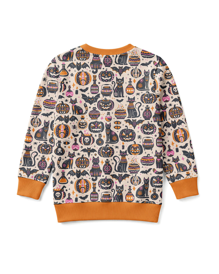 Whimsical Tribal Retro Halloween Black Cats Pumpkins Bamboo Crewneck Sweatshirt
