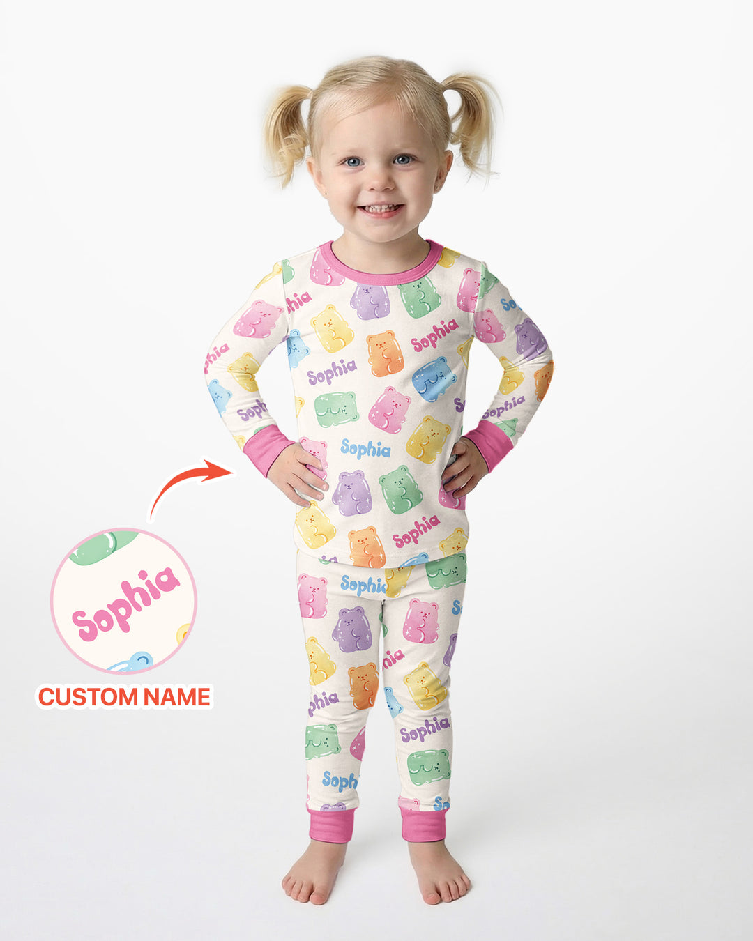 Kawaii Jelly Gummy Bears Custom Name Bamboo Two Piece Long Sleeve Pajama Set