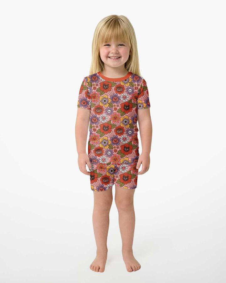 70s Halloween Floral Bamboo Two Piece Short Sleeve Shorts Pajama Set