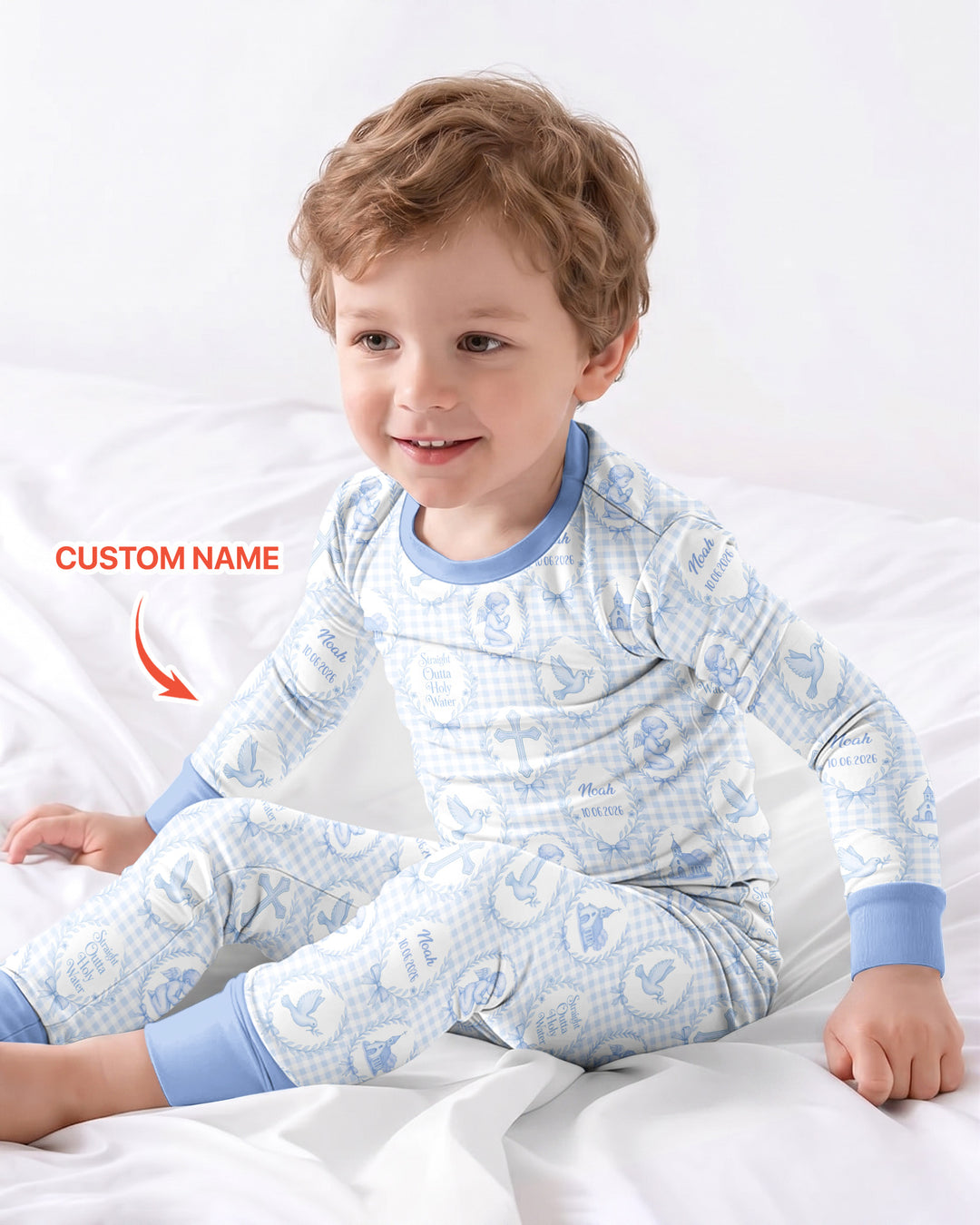 Custom Name Baptism Straight Outta Holy Water Bamboo Two Piece Long Sleeve Pajama Set