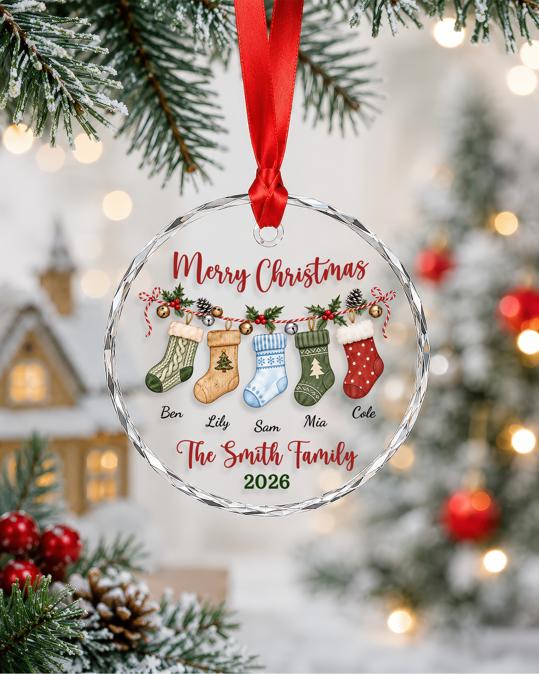 Merry Christmas Stocking Family - Personalized Glass Ornament