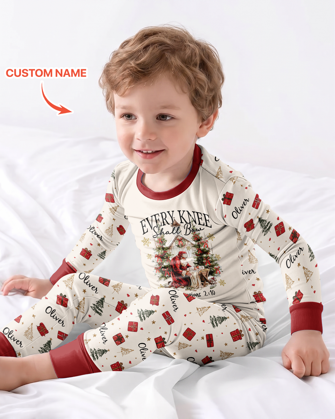 Every Knee Shall Bow Custom Name Mommy And Me Matching Bamboo Two Piece Long Sleeve Pajama Set