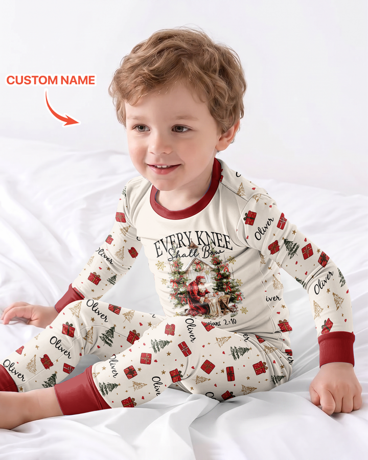 Every Knee Shall Bow Custom Name Mommy And Me Matching Bamboo Two Piece Long Sleeve Pajama Set