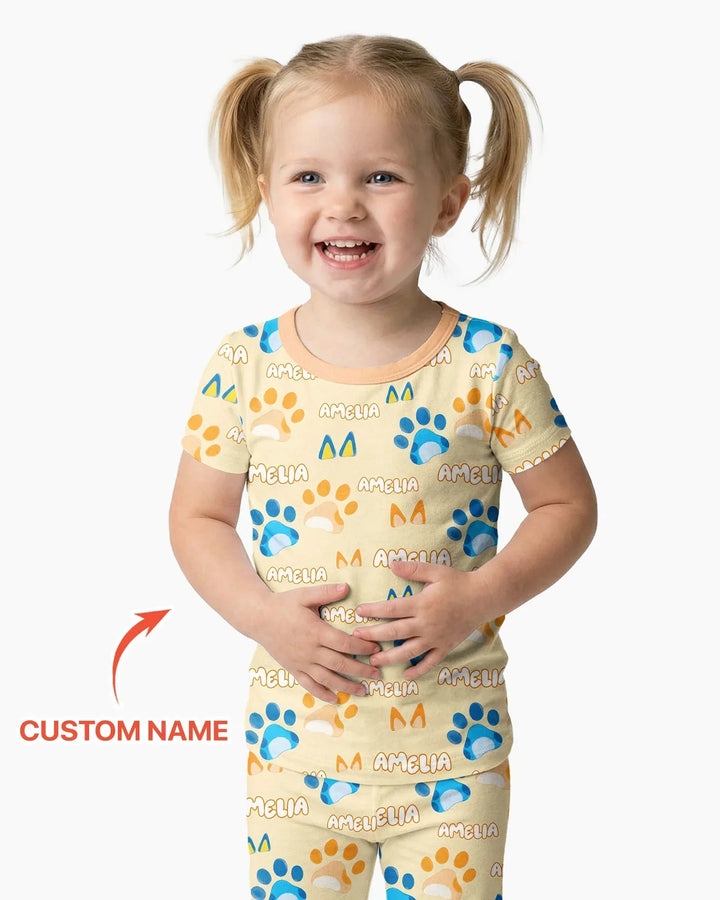 Custom Name Favourite Blue Dog Family Matching Bamboo Two Piece Short Sleeve Pajama Set