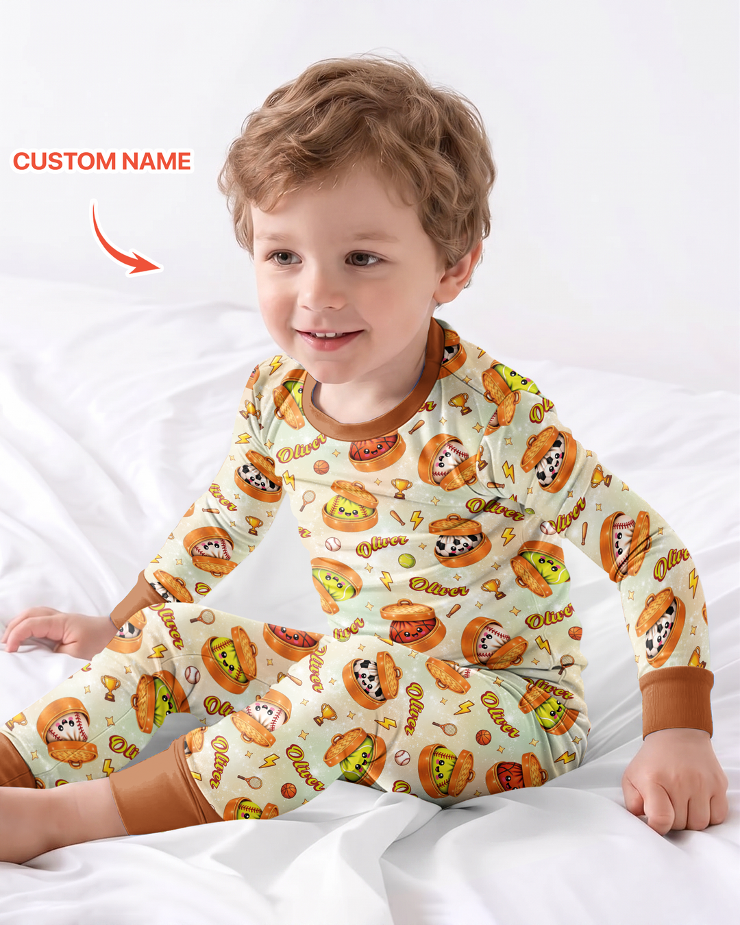 Custom Name Sports Dumpling Bamboo Two Piece Long Sleeve Pajama Set