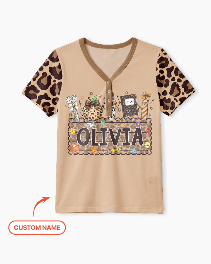 Custom Name School Sweetheart Leopard Bamboo Women Short Sleeve Short Pajama Set
