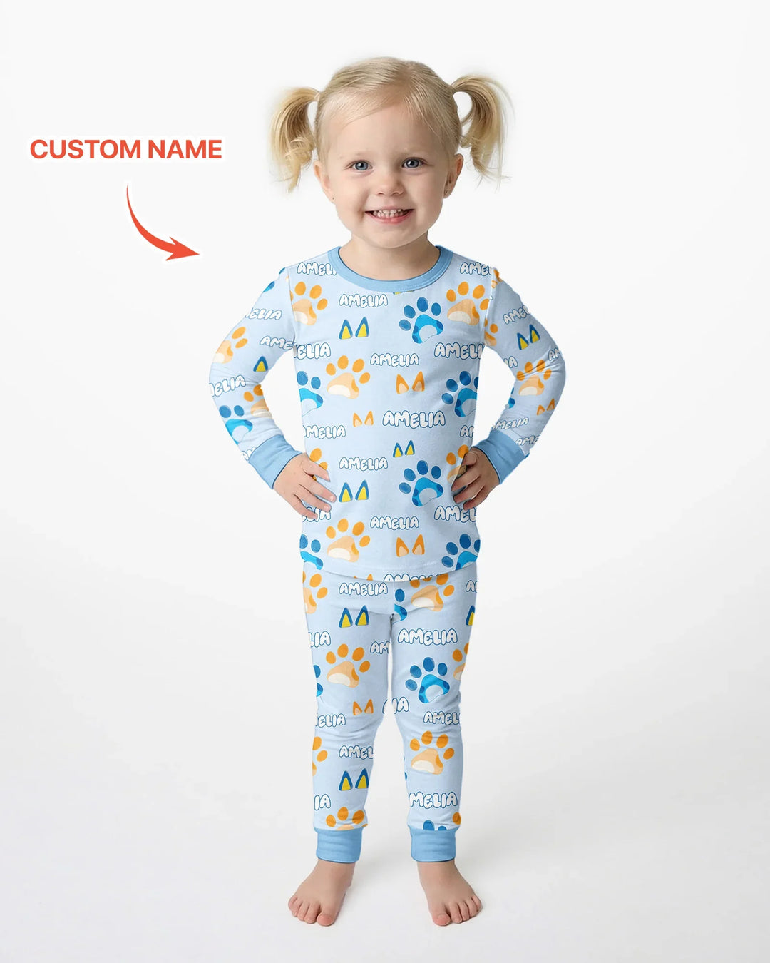 Custom Name Favourite Blue Dog Family Matching Bamboo Two Piece Long Sleeve Pajama Set