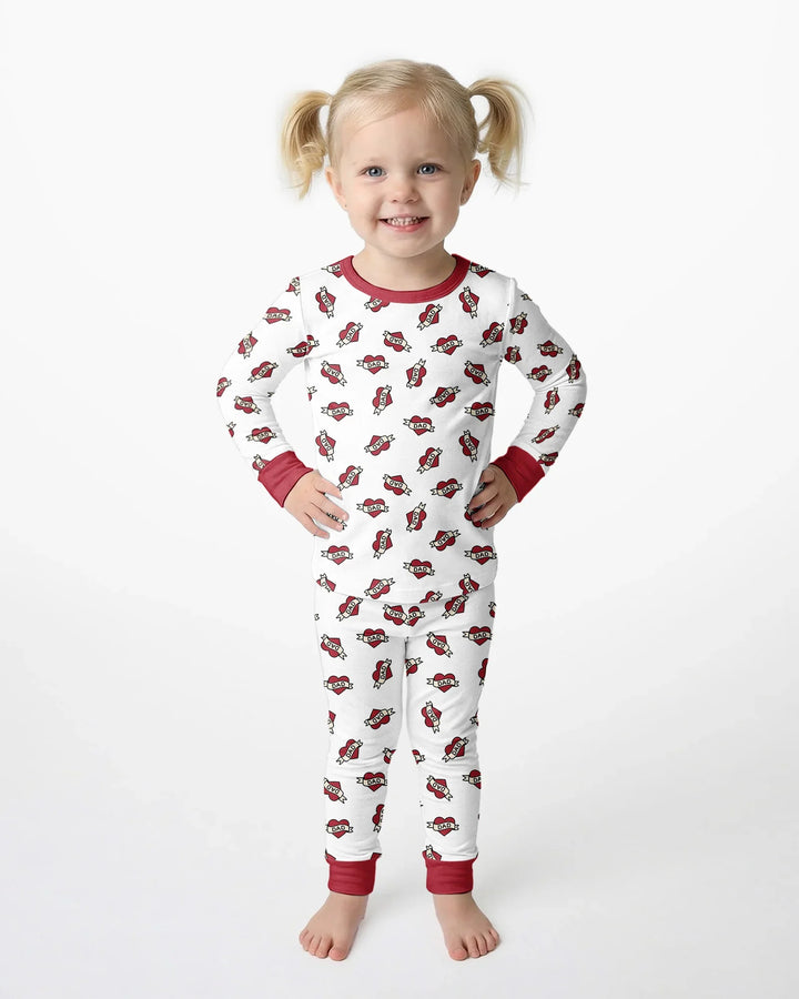 Old School Dad Hearts Daddy & Me Matching Bamboo Two Piece Long Sleeve Pajama Set