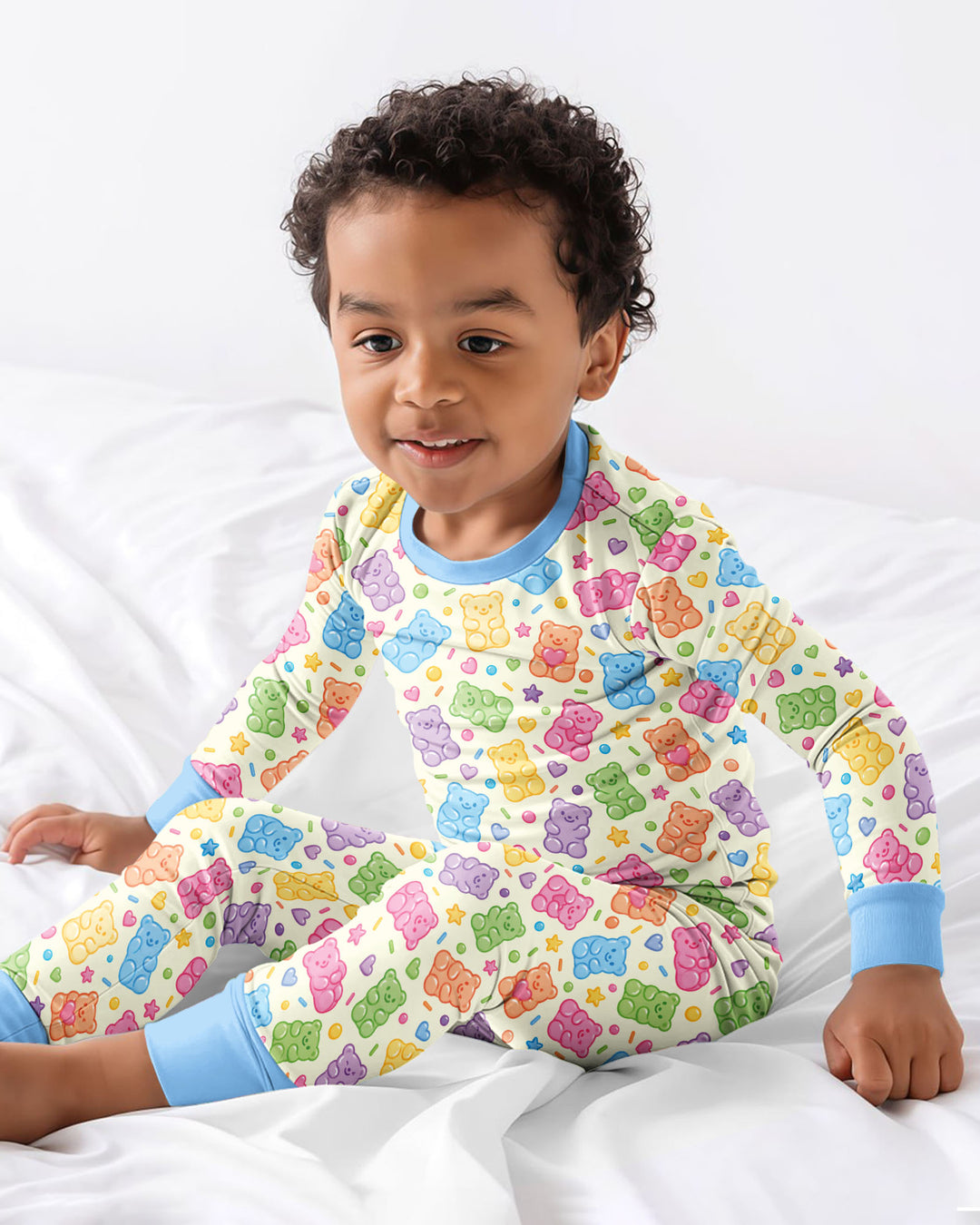 Cute Pastel Colorful Gummy Bears Bamboo Two Piece Long Sleeve Pajama Set