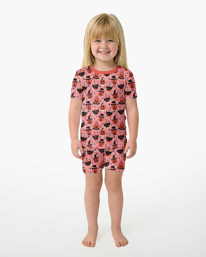 Retro Halloween Cats and Funny Pumpkins Bamboo Two Piece Short Sleeve Shorts Pajama Set