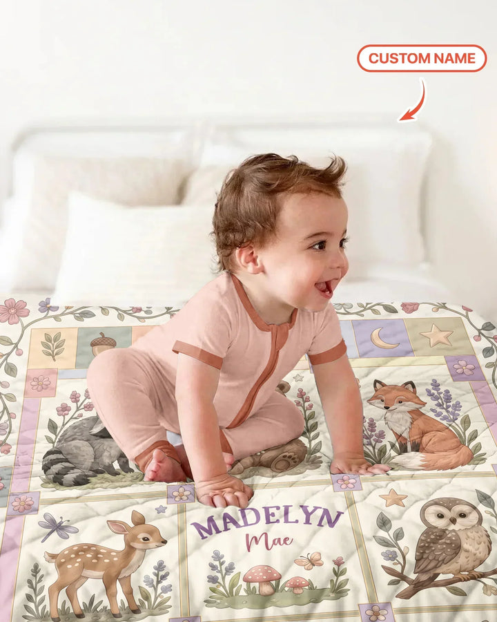 Custom Name Woodland Animal Bamboo Quilt Blanket