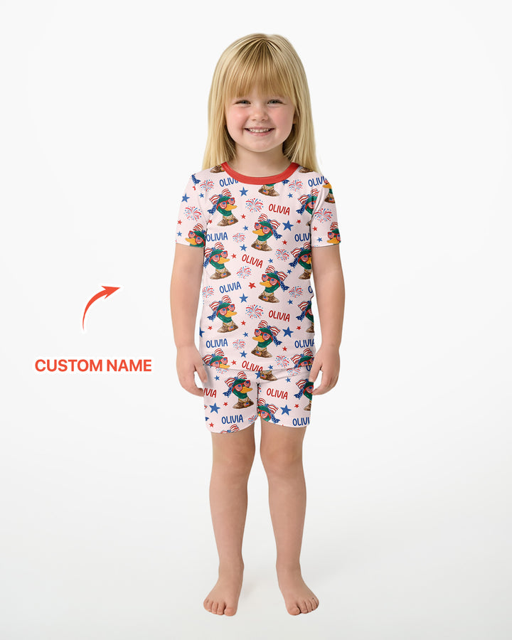Custom Name Patriotic Mallard Duck Bamboo Two Piece Short Sleeve Shorts Pajama Set
