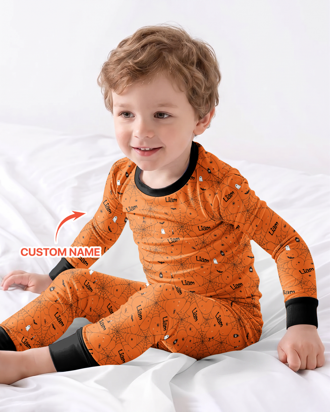 Spooky Spider Web Halloween Custom Name Bamboo Two Piece Long Sleeve Pajama Set