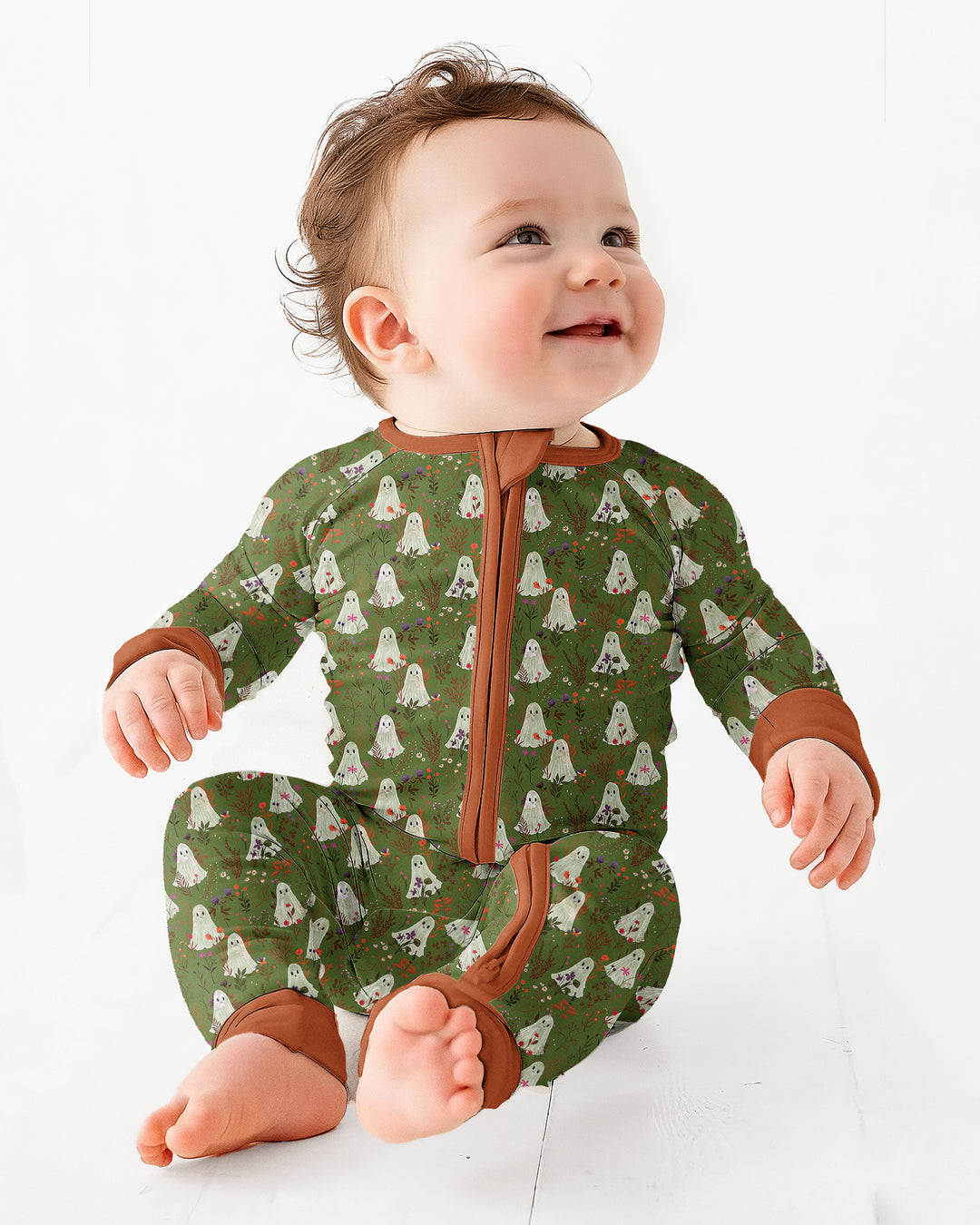 Cute Ghost Halloween Moss Green Floral Bamboo Convertible Zippy
