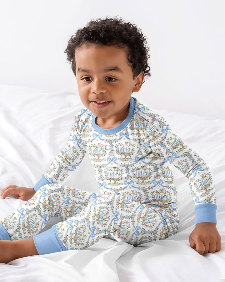 Cute Bow Hanukkah Menorah Bamboo Two Piece Long Sleeve Pajama Set
