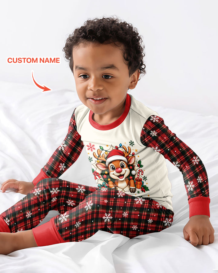 Cute Reindeer in Santa Hat Bamboo Two Piece Long Sleeve Pajama Set